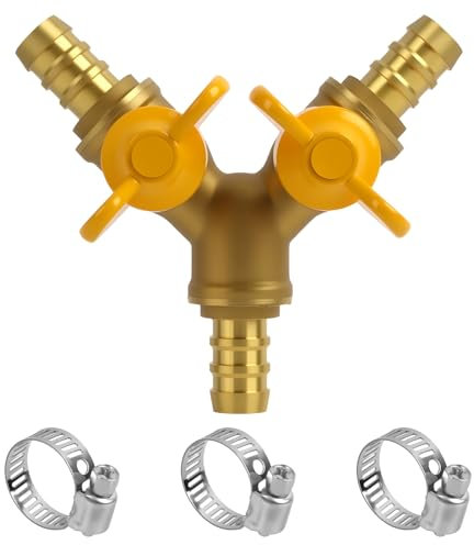 Raccordo Divisore a 2 Vie in Ottone con Valvola a Sfera, Adattatore Connettore per Tubi, Inclusi 2 Morsetti in Acciaio Inox, per Aria, Acqua e Gas, per Tubi con ID 10 mm-11 mm