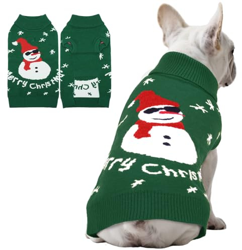 Hjumarayan Hundepullover Weihnachten - Warmer Winter Weihnachtspullover, Dicken Pullover Hund Kleine, Weihnachtspulli mit Geschirr Öffnung für Shih Tzu, Schlank Mops, Grün M