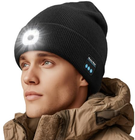 Wewow Bluetooth Beanie with Light, Beanie with 6 LED Light and Bluetooth Headphones, USB Rechargeable, Gifts for Family/Friends/Partners Black