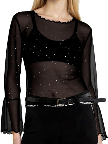 Nilioyul Damen Mesh Oberteile Transparentes Durchsichtige Tops Sexy Schwarz Glitzer Top Damen Sexy Langarmshirt Durchsichtige Schwarze Bluse Tunika (DE/NL/SE/PL, Alphanumerisch, XL, Regular, Regular)