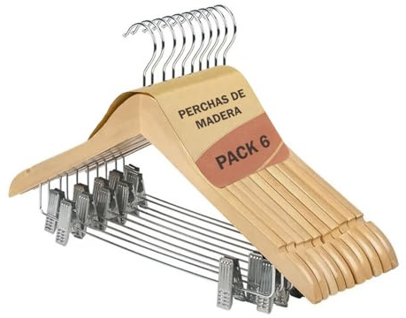 ACCRUX- Perchas de Madera con Pinzas de Metal Antideslizantes (6 Unidades) | Perchas de Madera Natural con Muescas Antideslizantes para Camisas, Trajes, Faldas. Ergonómico con Gancho de Acero Giratorio