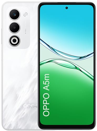OPPO A5m 4G Smartphone, Grande Batterie De 6000mAh, Rapide SUPERVOOC 45W, Appareil Photo 50 Mpx avec IA, 8Go + 256Go, IP65, Écran LCD 6,67 Pouces 90Hz, Snapdragon 6S 4G Gen 1, NFC, Dual SIM, Blanc