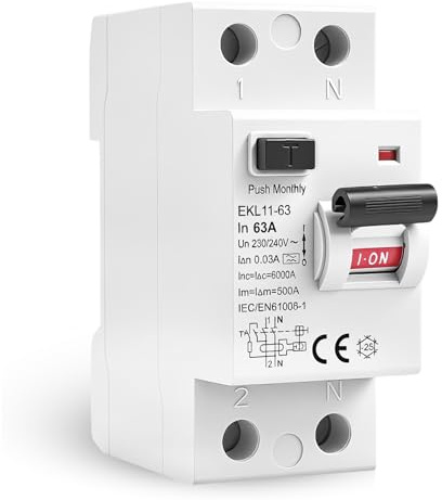 Jadeshay Disjoncteur différentiel 63A 30mA 2 Pôles Disjoncteurs Électriques RCCB Interrupteur differentiel Type A Protection contre les fuites AC230V EKL11-63 Protection IP20(AC230V 63A 2P)