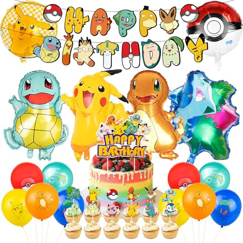 35Pcs Ballons Geburtstagsdeko,Luftballons Geburtstag Party Set, Happy Birthday Tortendeko Cake Topper Set, Anime Party Zubehör, Birthday Decorations