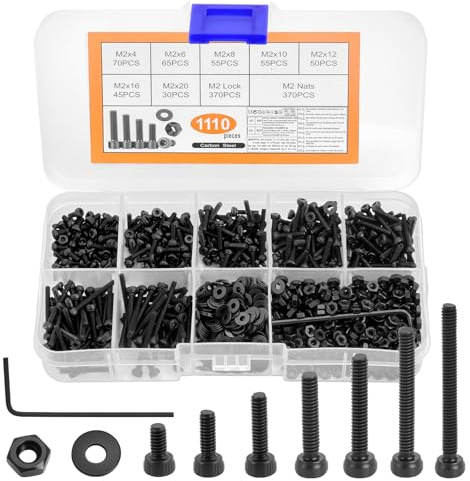 1110 Pz Set di Viti M2, Bulloni e Dadi Set, Viti a Testa Cilindrica con Esagono Incassato Nero, Bulloni a Testa Tonda Esagonale e Dad e Rondelle, Bullone a Brugola per Macchine