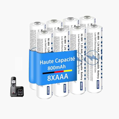 Lot de 8 Piles Rechargeables AAA NiMH 800 mAh, 1,2 V pour Téléphone Gigaset, AAA Batteries pour Téléphones sans Fil Panosonic, Puissance Longue durée - 2000 Cycles