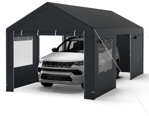 COSTWAY Garaje Exterior para Coche, Cobertizo Exterior para Coche con Ventanas Enrollables, Paredes Laterales y Puertas Desmontables, Lona de PE Resistente al Agua (586 x 305 x 280 cm,Gris)