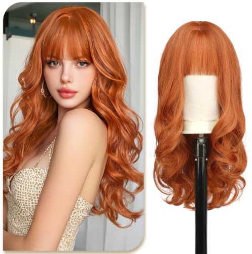 Sofeiyan Perücke Damen, 60 cm Lange Gewellte Perücke mit Pony | Synthetische Perücke,Lockige Perücke für Alltag Cosplay Büro Gartenparty Abschlussfeier Karneval,Kupferrot