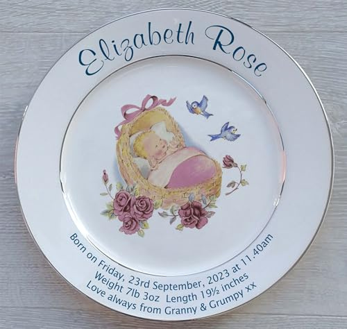 All About Names Personalised Baby Birth Plate - Pink Cradle Design on a Plate with 2 Platinum Bands