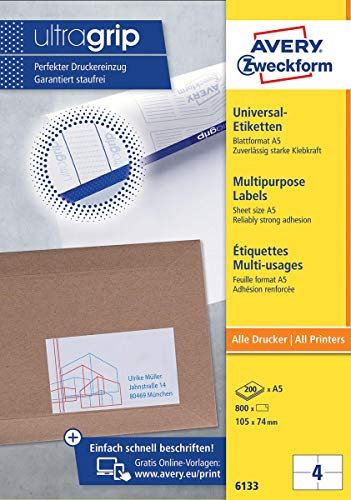 AVERY Zweckform 6133 Universal Etiketten (800 Klebeetiketten, 105x74mm auf A5, Papier matt, bedruckbare Versandetiketten, selbstklebende Versandaufkleber mit ultragrip) 200 Blatt, weiß