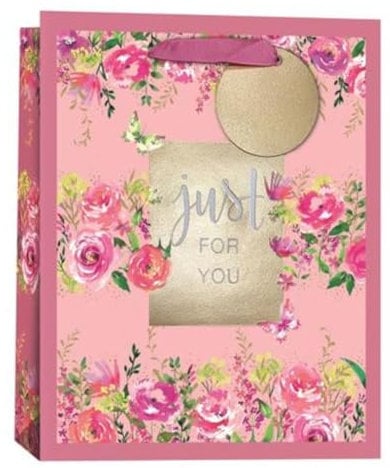 Medium Floral Gift Bag - Pink with Roses and Flowers and Gold Foil Finish 10x8