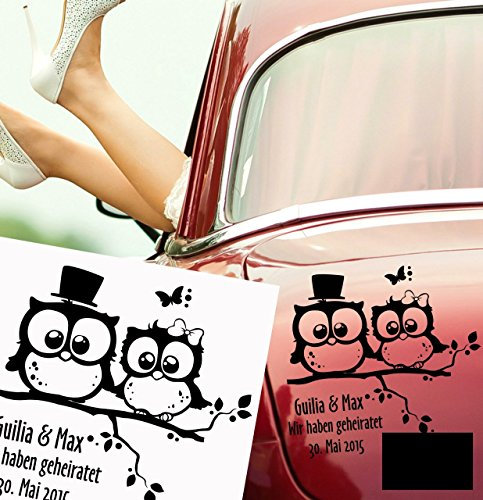 Autoaufkleber Aufkleber Schild Eulen auf Zweig Ast geheiratet mit Datum Eulenwandtattoo mit Schmetterlingen, Punkten und individualisierbarem Schriftzug mit Namen M1493 - ausgewählte Farbe: *Schwarz* ausgewählte Größe:*M 25cm breit x 25cm hoch