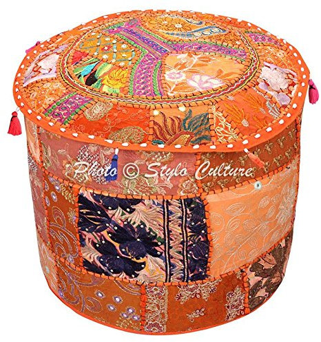 Stylo Culture Pouf Sitzbank Vintage Hocker Bank Große Abdeckung Orange Indische Bestickte Patchwork Baumwolle Traditionelle Runde Stoff Hocker Ottomane Abdeckung (22x22x13 Zoll) 55 cm