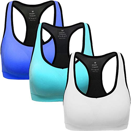ANGOOL Damen Komfort Klassische Racerback Sport BH Top Fuer Yoga Fitness-Training, Blau + Weiß + Grün, S Fit 65B 65C 65D 70BC 70D 75BC