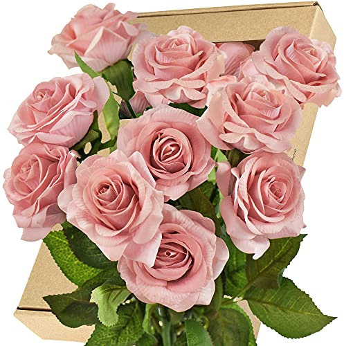 FiveSeasonStuff 10 Stems Real Touch Roses Artificial Flower Silk Roses ‘Petals Feel and Look like Fresh Roses' Bouquet of Flowers Floral Arrangements (Dark Pink)