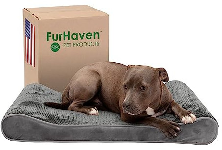 Furhaven Kühlendes Gel-Hundebett für große und mittelgroße Hunde mit abnehmbarem, waschbarem Bezug, für Hunde bis zu 17,2 kg – Minky Plüsch & Samt, Luxe-Liegestuhl-Matratze, Grau, Größe L