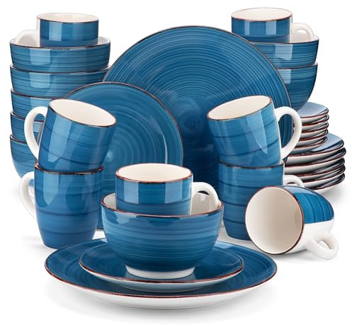 vancasso Serie BELLA Juego de Vajilla 32 Piezas, Vajilla de Cerámica para 8 Personas, Vajilla pintada a mano Completa con 8 Tazas, 8 Cuencos, 8 Platos Llano y 8 Platos de Postre, Azul