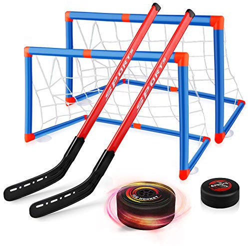 Baztoy Hover Hockey Set, Hockeyspiel Kinderspielzeug mit 2 Toren und 2 Hockeysticks, Air Power Eishockeyball für 3 4 5 6 7 8 9 Jahre alte Kinder Jungen Mädchen