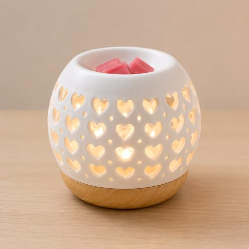 Heart Cut-Out Ceramic Wax Melt Burner with Resin Base, White Fragrance Oil Warmer, Tealight Candle Holder, Home Aroma Diffuser Decoration, 10 x 10 cm