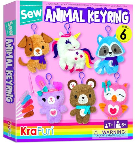 KRAFUN Einhorn-Näh-Schlüsselanhänger-Set für Kinder ab 7 Jahren, 6 Anfänger-Stofftierprojekte (Bär, Hund, Hase, Waschbär, Eule, Einhorn), Filzmaterialien, Anleitung, Lernspielzeug