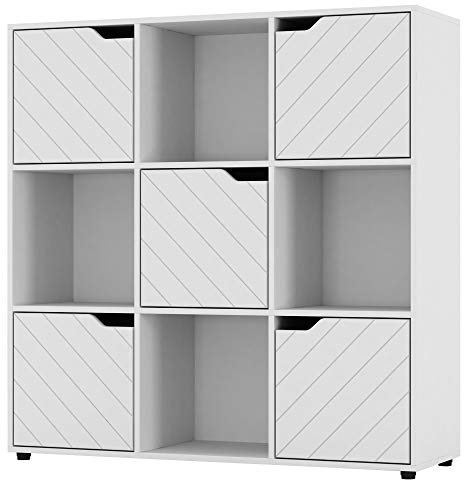 URBNLIVING White Wooden Cube Bookcase With Line Doors Display Shelf Storage Shelving Cupboard Modern (White Door, 3x3 Cube (9 Cube))