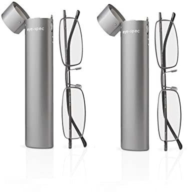 (Handy 2 Pack) Lightweight Reading Glasses | Folding Readers in Graphite with Sleek Portable Tubular Cases by eye-spec (2.0)