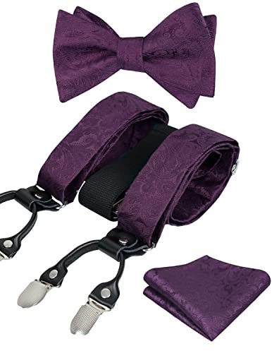 Alizeal Herren verstellbare Blumen Paisley selbst gebundene Fliege, Einstecktuch und elastische Y-Form 6 Clips Hosenträger Set, Pflaume Lila