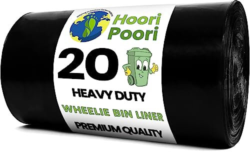 HooriPoori 20 super strong Heavy Duty Wheelie Bin Liners 240 Litre Large Wheelie Bin Bags Black Refuse Sacks For Home, Garden Kitchen House Office Caterers Rubbish 100% Waste Recycled Material