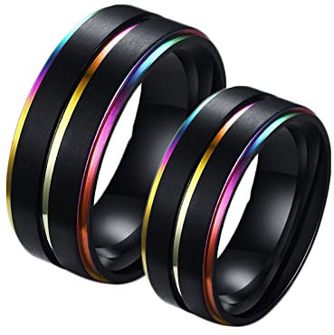Whoiy Herren Ring 8mm, Ringe Schmuck Männer Edelstahl 2 Stück Schwarzer LGBT-Ring mit Regenbogenkanten für Valentinstag Jahrestag