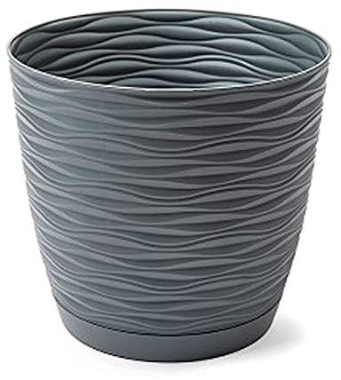 Acan Tradineur Pot de fleurs rond avec soucoupe Motif Wind Ø 23 cm en plastique Anthracite