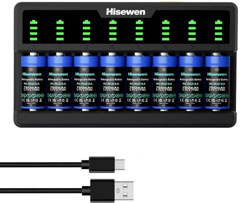 Hisewen 8Pack Wiederaufladbares CR123A Akku, 8-Slot Ladegerät für Arlo Kamera VMC3030 VMK3200 VMS3230/3330/3430/3530
