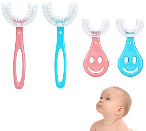 4PCS Cepillo Infantil,Cepillo de Dientes Bebe Manual de Limpieza Oral de 360 ° boca entera en forma de U Cabezal de Silicona Suave Encías de Masaje para Niños De 2 A 12 Años