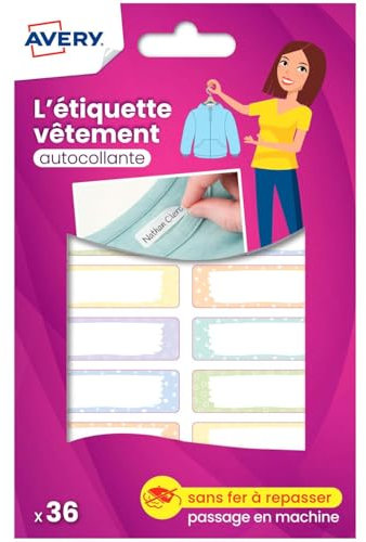Avery Étiquettes Autocollantes couleurs pastel Inscriptibles 36 Pièces - autocollant Personnalisable avec un marqueur permanant - Durable Lavable jusqu'à 40C et sèche-linge - 1,3 x 4,5 cm