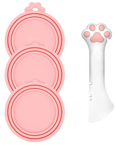 DORUI 3 Pcs Pet Food Can Lids & One Can Spoon | Cute Paw Shape Opener Spatula Cat Wet Food Spoon | Universal BPA Free Silicone Covers for Dog Cat Cans(Pink)