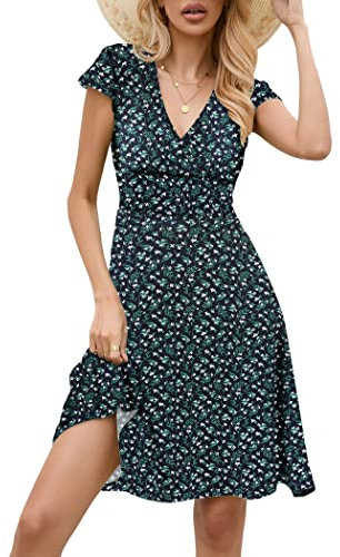Zeagoo Womens Casual Dresses V Neck Short Sleeve Summer Dress High Waisted Floral Dresses Boho Wrap Beach Dress Black Green Leaf L