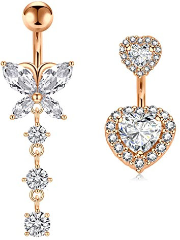 WillTen 14G Roségold Bauchnabelpiercing Schmetterling Anhänger Nabelpiercing Herz Diamant Klar CZ Chirurgenstahl 6MM Bauchpiercing Damen