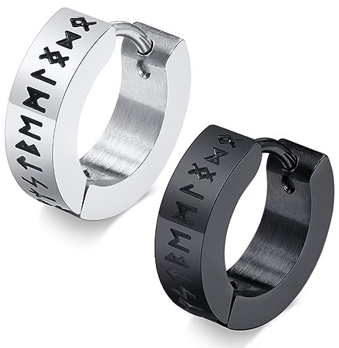 PSOWQ Hoop Ohrring Herren Nordischer Wikinger - Amulett Schutz Schmuck Geschenke Edelstahl Herren Ohrstecker mit Nordic Elder Futhark Runen, 1 Paar - Schwarz+Silber