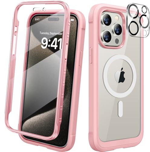 Diaclara Magnetic Designed for iPhone 15 Pro Case [Compatible with MagSafe], 360° Full Body Case with Screen Protector + Camera Lens Protector for iPhone 15 Pro 6.1 (Coral Pink)
