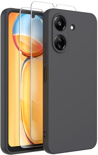 FUNHULLUN Coque Compatible avec Xiaomi Redmi 13C Case avec 2 Verre trempé,Intérieur Microfibre Etui de Silicone Liquide Protection Contre Les Chutes Antichoc Full Body Protection Housse-Noir