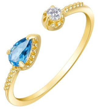 Epinki 9 Karat Gold Hochzeitsring Echt Gold Schmuck, Offenen Ring Trauringe mit Tropfen Topas Blau, Au 750 Diamantring Topas, Gr.58 (18.5)