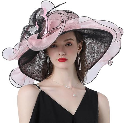 GIBZ Cappelli Fascinator Organza da Donna Large in Pizzo con Tesa Floreale Elegante Cappello da Sole per Tea Party Matrimonio Chiesa, Rosa