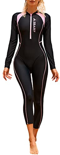 Women Surfing Swimsuit Quick Dry Long Sleeve Wetsuit Swimwear Breathable One Piece Rash Guard UV Protection Zipper Surfing for Swimming Kayaking Pink XS
