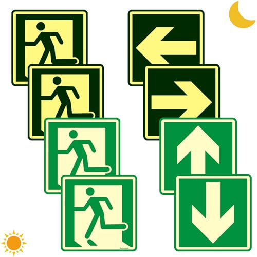 Ashoaza cartel salida de emergencia homologado, Paquete de 8 señales de salida, Salida de emergencia escaleras a la derecha (15 x 15 cm), (salida de emergencia homologada)