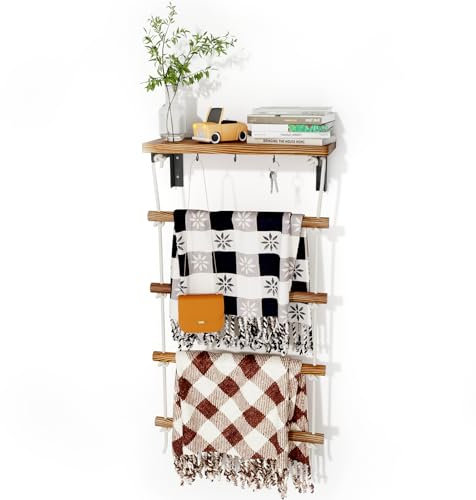 Delywh 5 Tier Wall Blanket Ladder Floating Shelves, with Rustic Rope Wooden Blanket Storage, Throw, Towel, Quilt Rack for The Living Room, Bathroom, Bedroom, Farmhouse Wall Blanket Holder, Brown