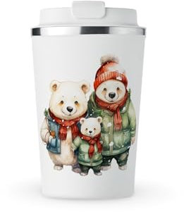 MAXIKIWI - Taza aislada de acero inoxidable de doble pared, a prueba de fugas, vaso de viaje para café o té con tapa, mantiene las bebidas calientes y frías, familia de osos de invierno, 350 ml