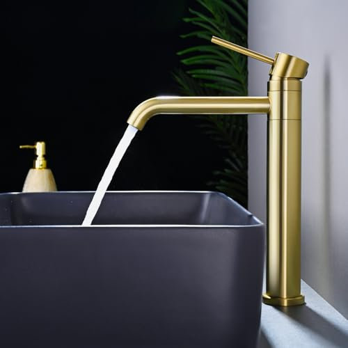 DETBOM Robinet Salle Bain Haut,orientable à 360° Robinet de Lavabo,Mitigeur Lavabo Haut Monocommande avec bec hauteur 204 mm Réglable Chaud et Froid, Doré