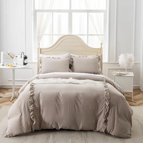 Menkala Bettwäsche 155x220 Taupe Beige Uni mit Rüschen Romantisch Rüschenbettwäsche Set Khaki Einfarbig Bettbezug Gewaschene Microfaser Deckenbezug und Kissenbezug 80x80cm mit Reißverschluss