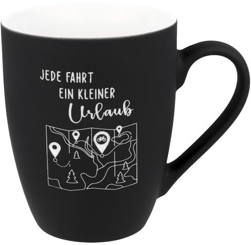 Spruchreif | Soft-Touch Tasse Schwarz Jede Fahrt ein kleiner Urlaub – Beidseitig gravierte Tasse mit Fahrrad-Spruch | Geschenk für Radfahrer, E-Bike-Fans & Genussbiker | 350 ml