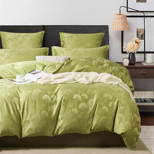 Gezu Housse de Couette Satin 220x240cm Vert Jacquard Brodé Parure de lit Adulte 2 Personnes avec Fermeture Éclair Sets de Housse Couette en Satin de Soie Brillante avec 2 Taie d'oreiller 65x65
