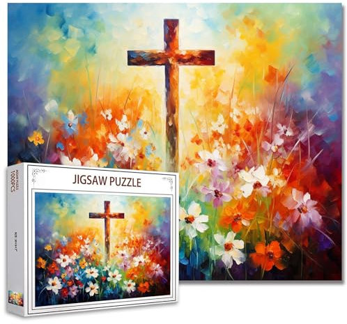 Tucocoo Christian Cross Puzzle für Erwachsene, 1000 Teile, abstrakte Wildblumen, Kunstwerk-Puzzle, 70 x 50 cm, Bunte Puzzles für Heimdekoration, Familienpuzzle, perfekt für Spielabende